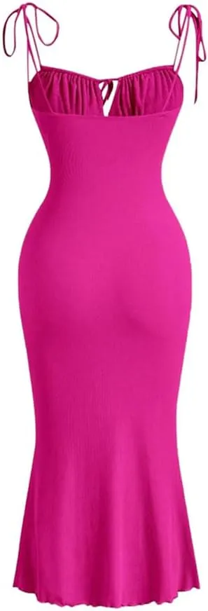 IDOPIP Women Drawstring Ruched Bodycon Dress Sexy Tie Shoulder Mermaid Hem Midi Dress Formal Square Neck Wedding Guest Outfit