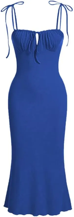 IDOPIP Women Drawstring Ruched Bodycon Dress Sexy Tie Shoulder Mermaid Hem Midi Dress Formal Square Neck Wedding Guest Outfit