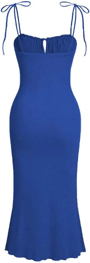 IDOPIP Women Drawstring Ruched Bodycon Dress Sexy Tie Shoulder Mermaid Hem Midi Dress Formal Square Neck Wedding Guest Outfit