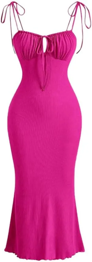 IDOPIP Women Drawstring Ruched Bodycon Dress Sexy Tie Shoulder Mermaid Hem Midi Dress Formal Square Neck Wedding Guest Outfit