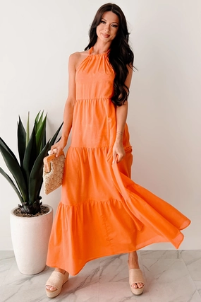 DeepPocketStyle Smart Vibe Reach To The Skies Halter Maxi Coverup Dress (Orange)