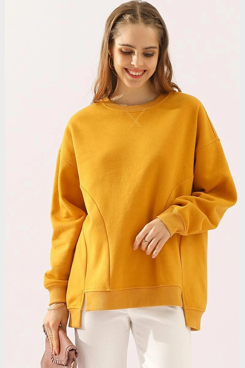LONG SLEEVE ROUND NECK CUT HEM SWEATSHIRT Hidden Button Placket