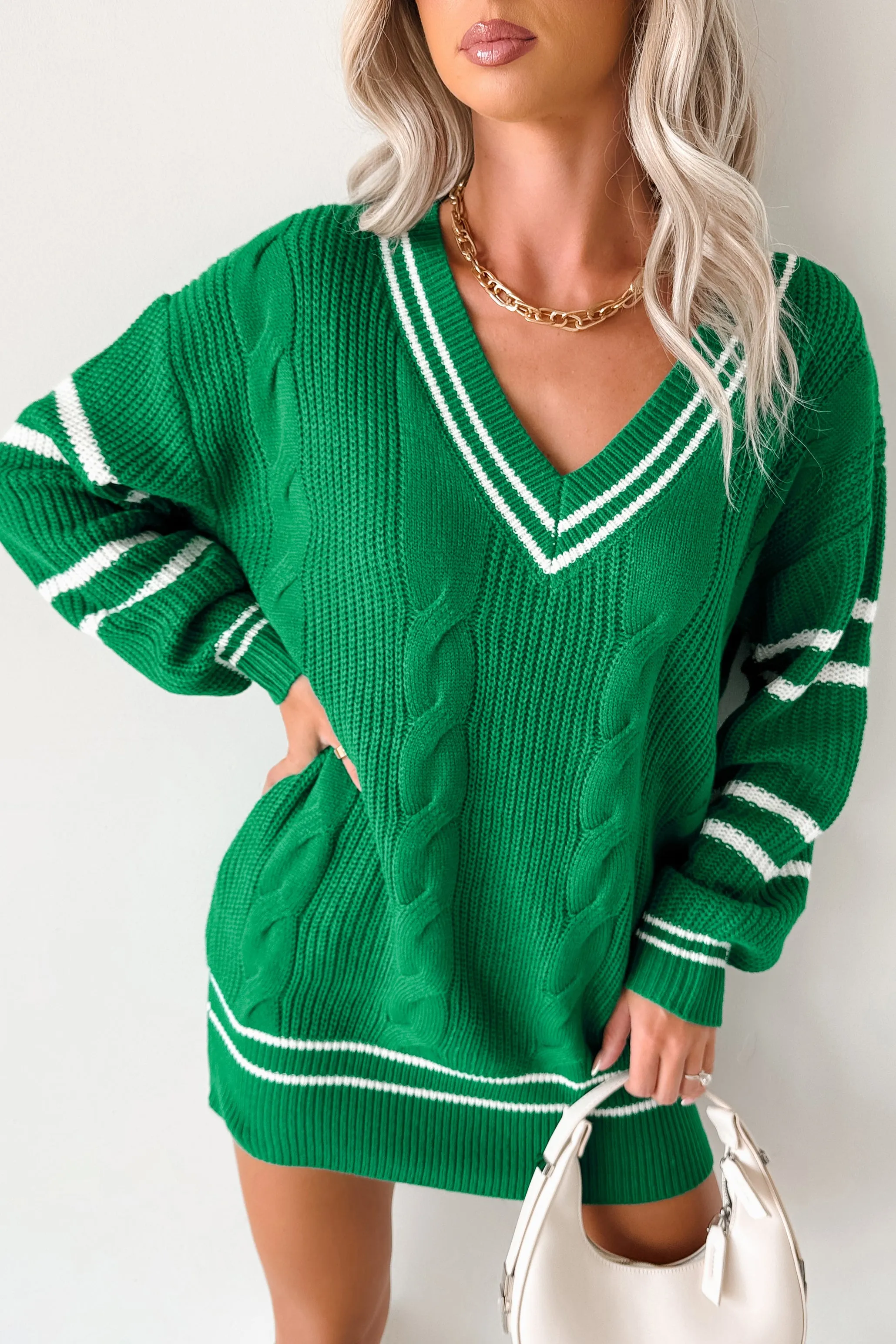 In This Moment Cable Knit Striped Sweater (Green) Heat Regulating Fabric Smooth Interior Lining