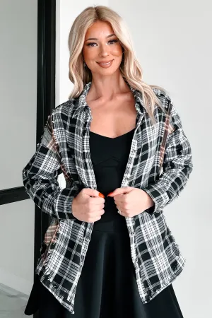 In Unfamiliar Territory Mixed Plaid Button-Up Shirt (Black) Multipanel Construction Ventilated Back Panel