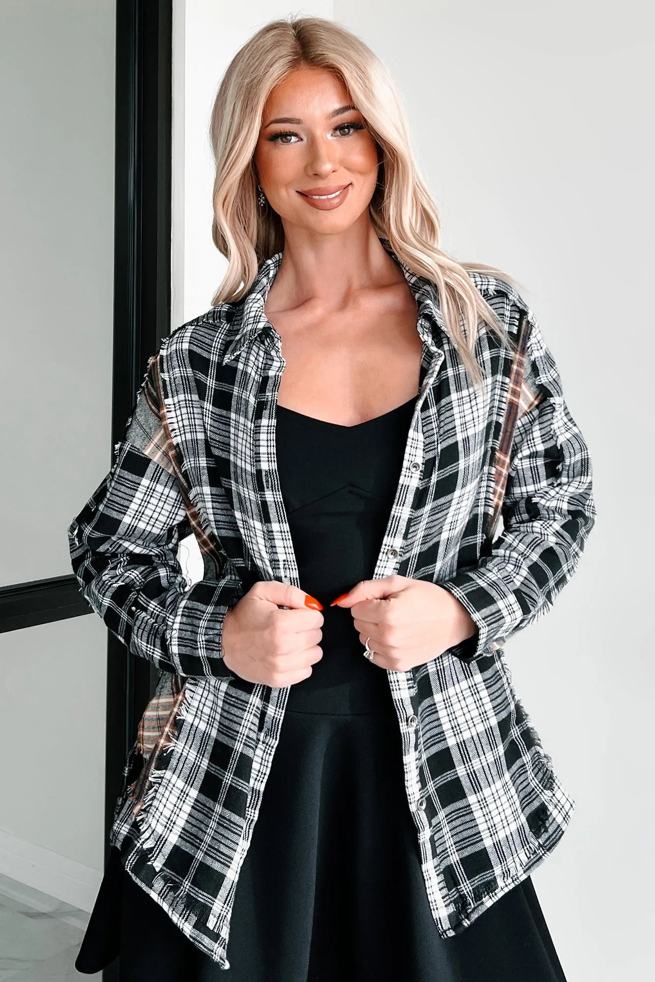 Temperature Control Fabric In Unfamiliar Territory Mixed Plaid Button-Up Shirt (Black)