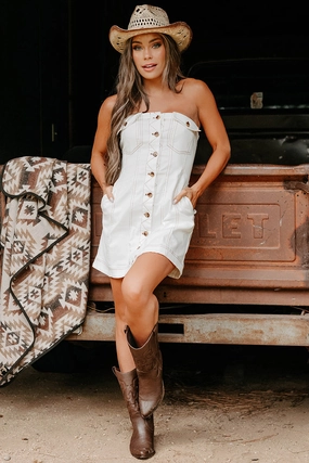 Relaxed work dress SustainableCotton In Her Element Strapless Denim Mini Dress (White)