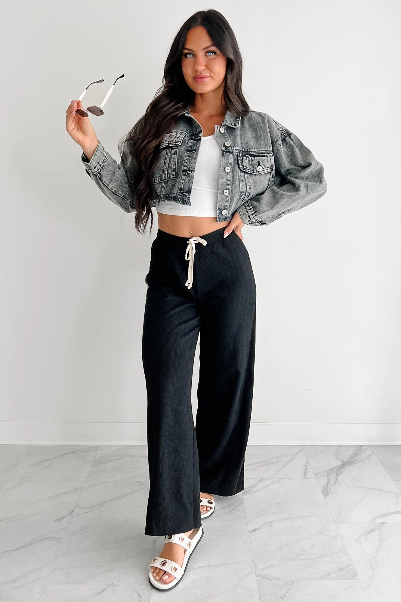 In The Daylight Contrast Tie Waffle Knit Pants (Black) Casual Comfort Wear Sporty Touch