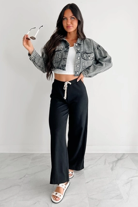 In The Daylight Contrast Tie Waffle Knit Pants (Black) Quick Fit Wear AntiPilling