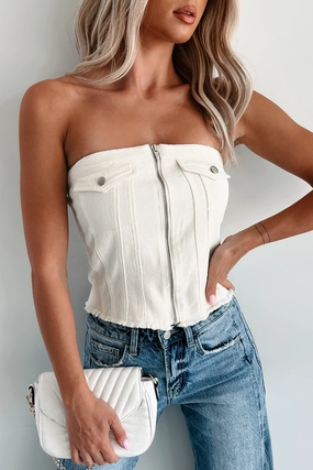 In Too Deep Zip-Front Denim Tube Top (Cream) Classic Polo