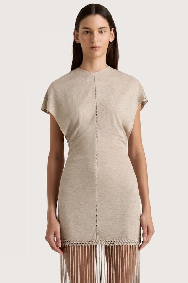 Ines Fringe Dress Oatmeal Sophisticated cocktail dress Comfy Yet Stylish