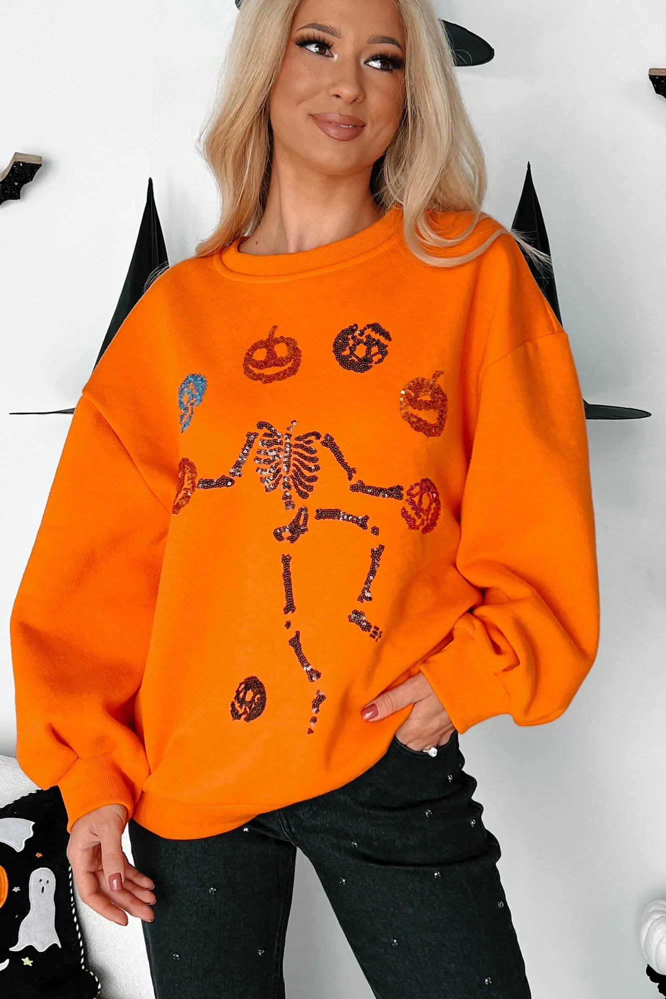 Reflective accents Drop Shoulder Cut Dancing Critters Sequin Halloween Crewneck (Pumpkin)