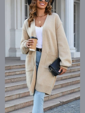 SweatWicking Fabric Women??s Ribbed Open Front Cardigan with Pockets | Casual Knitwear