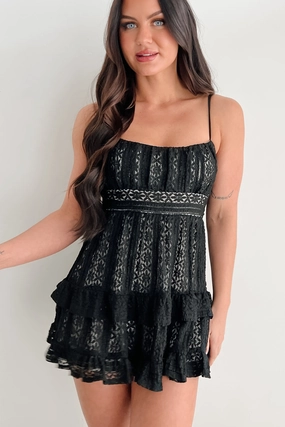 Vibrant Waist Fit Heart's Desire Floral Lace Mini Dress (Black)