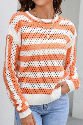 Seamless Construction Design STRIPED COLOR BLOCK CREW NECK HOLLOW KNIT SWEATER