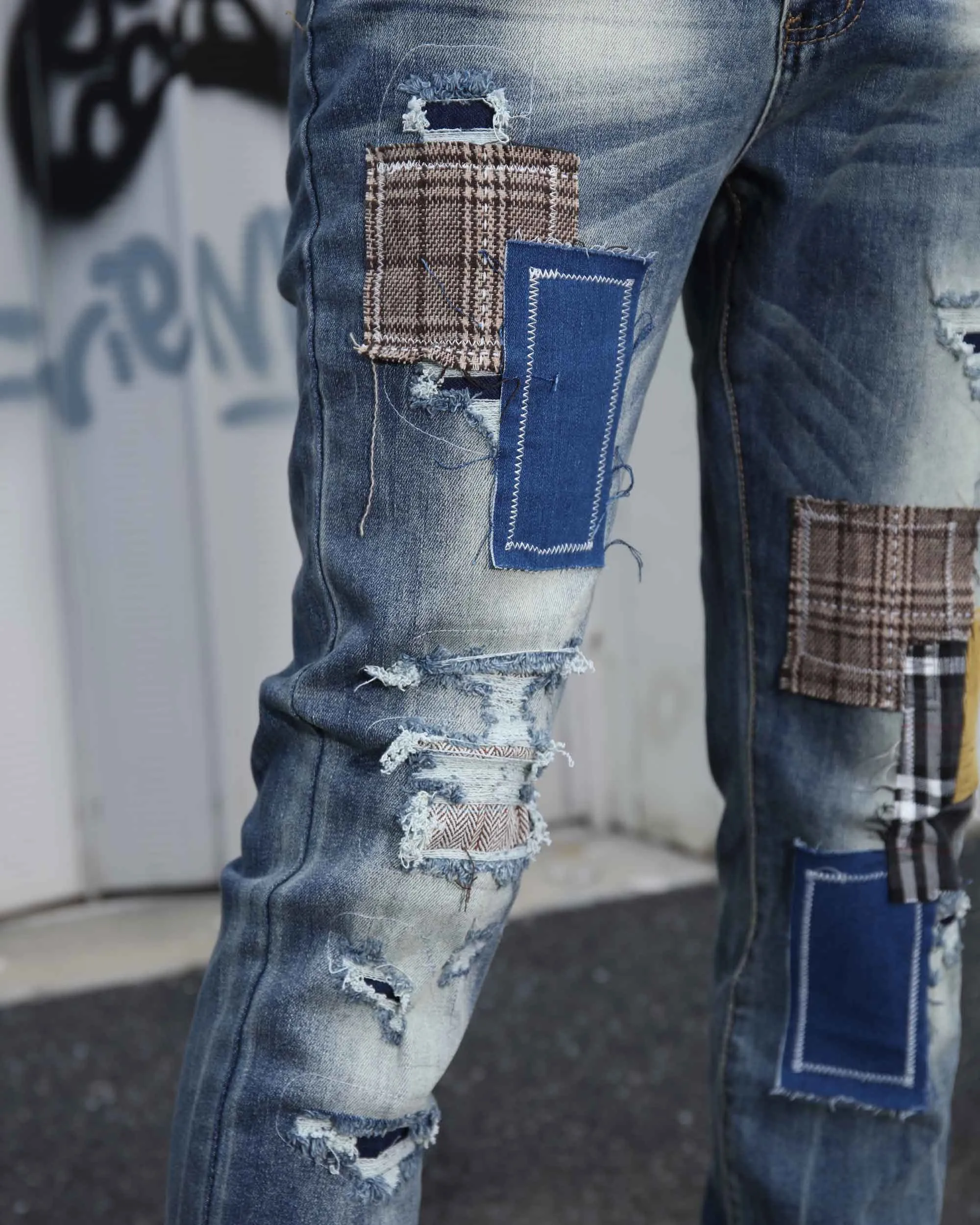 Irregular Charm Dark Wash Blue Jeans with Patchwork