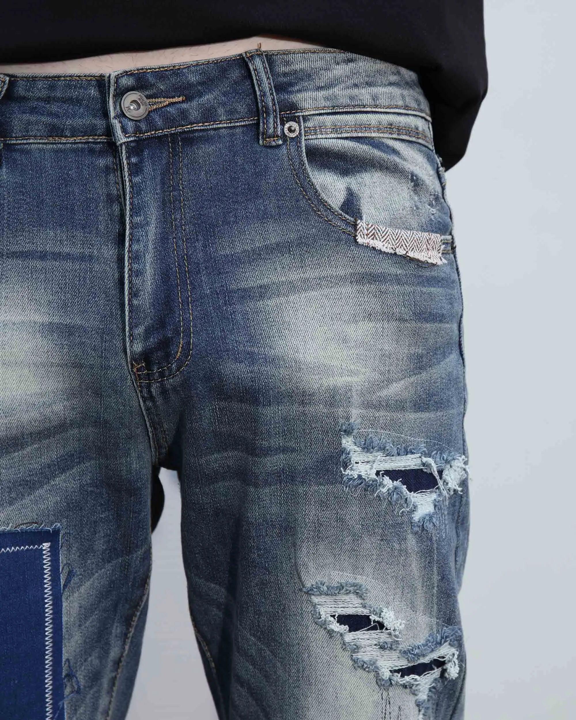Irregular Charm Dark Wash Blue Jeans with Patchwork