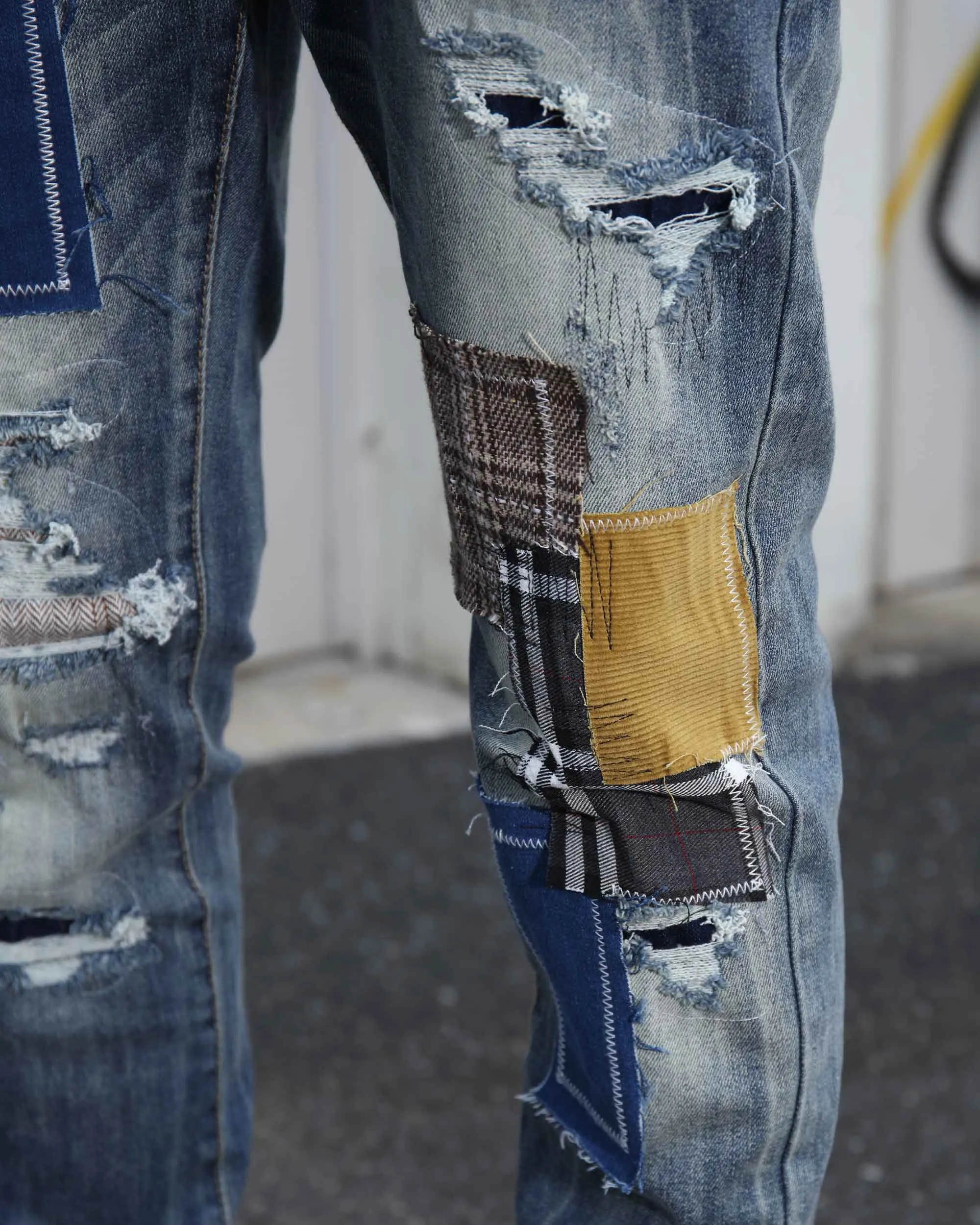 Irregular Charm Dark Wash Blue Jeans with Patchwork