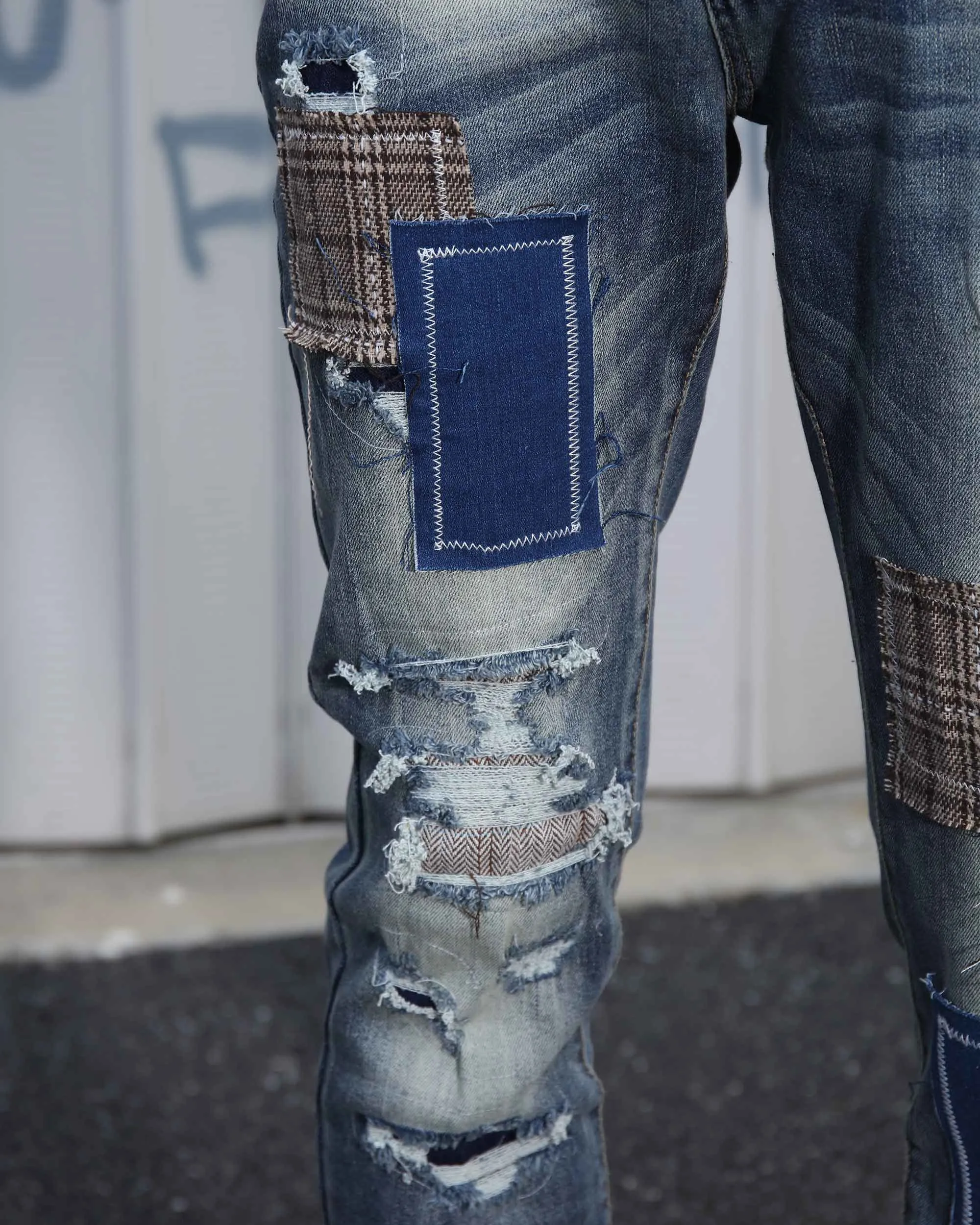 Irregular Charm Dark Wash Blue Jeans with Patchwork