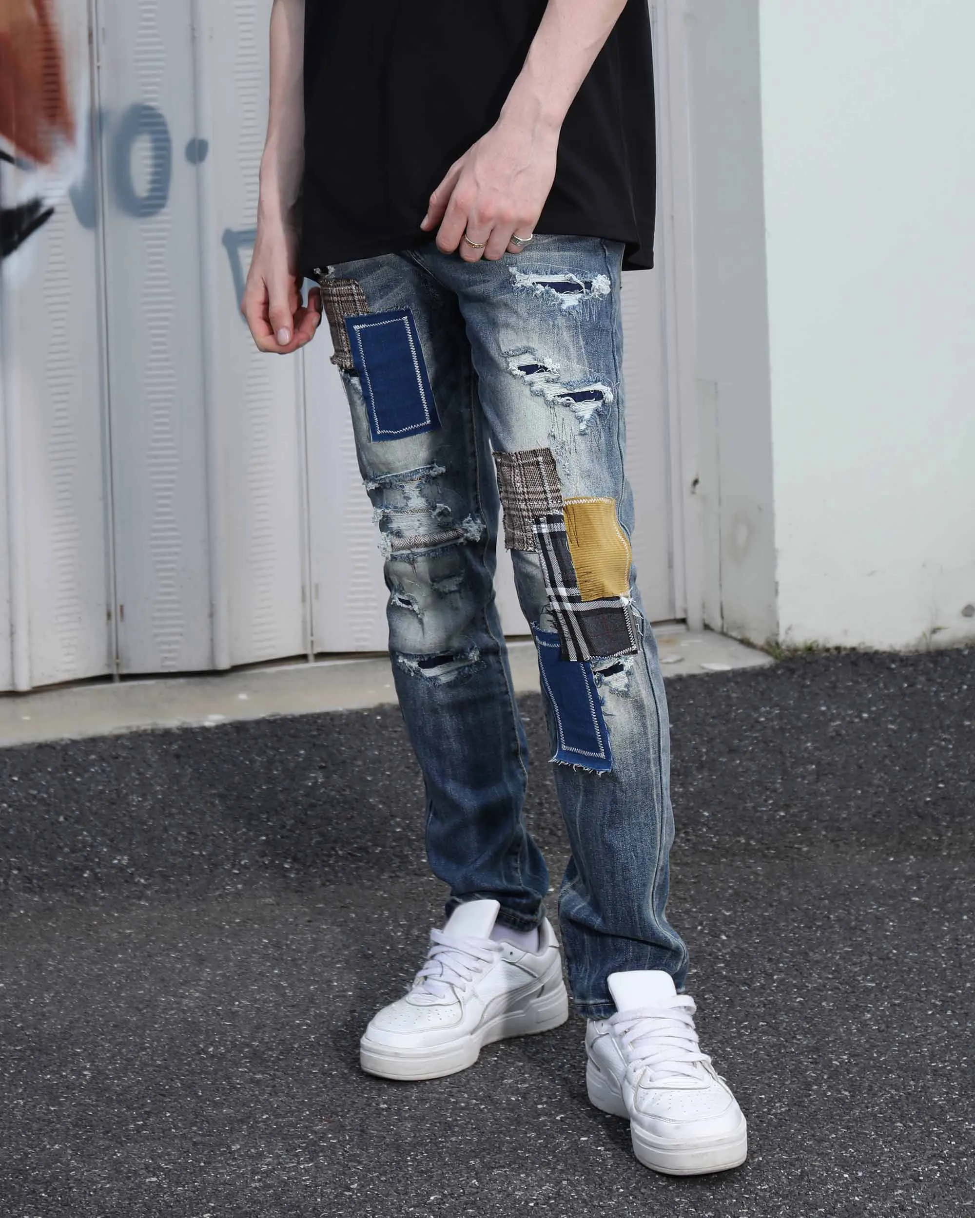 Irregular Charm Dark Wash Blue Jeans with Patchwork