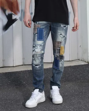 Irregular Charm Dark Wash Blue Jeans with Patchwork