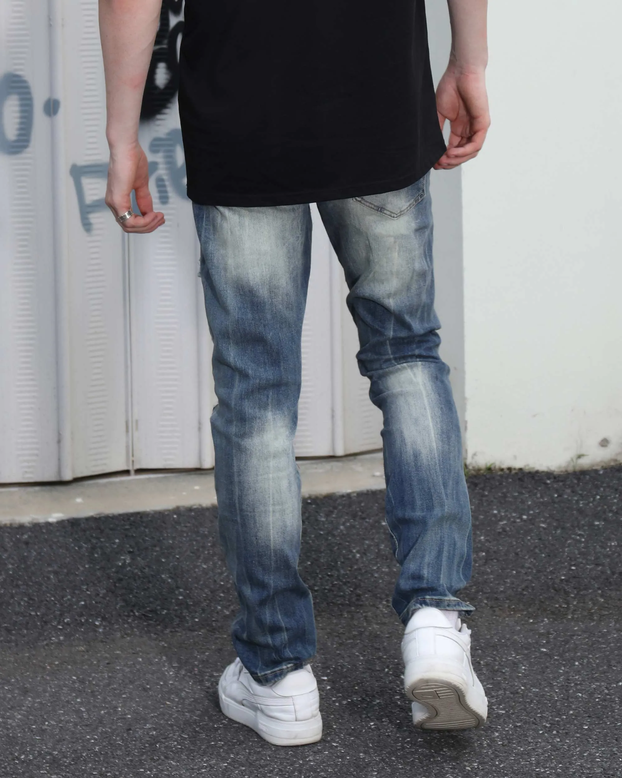 Irregular Charm Dark Wash Blue Jeans with Patchwork