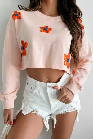 Irresistibly Sweet Floral Crop Sweatshirt Top (Light Blush) Stretchable Waistband LoopwheelFabric