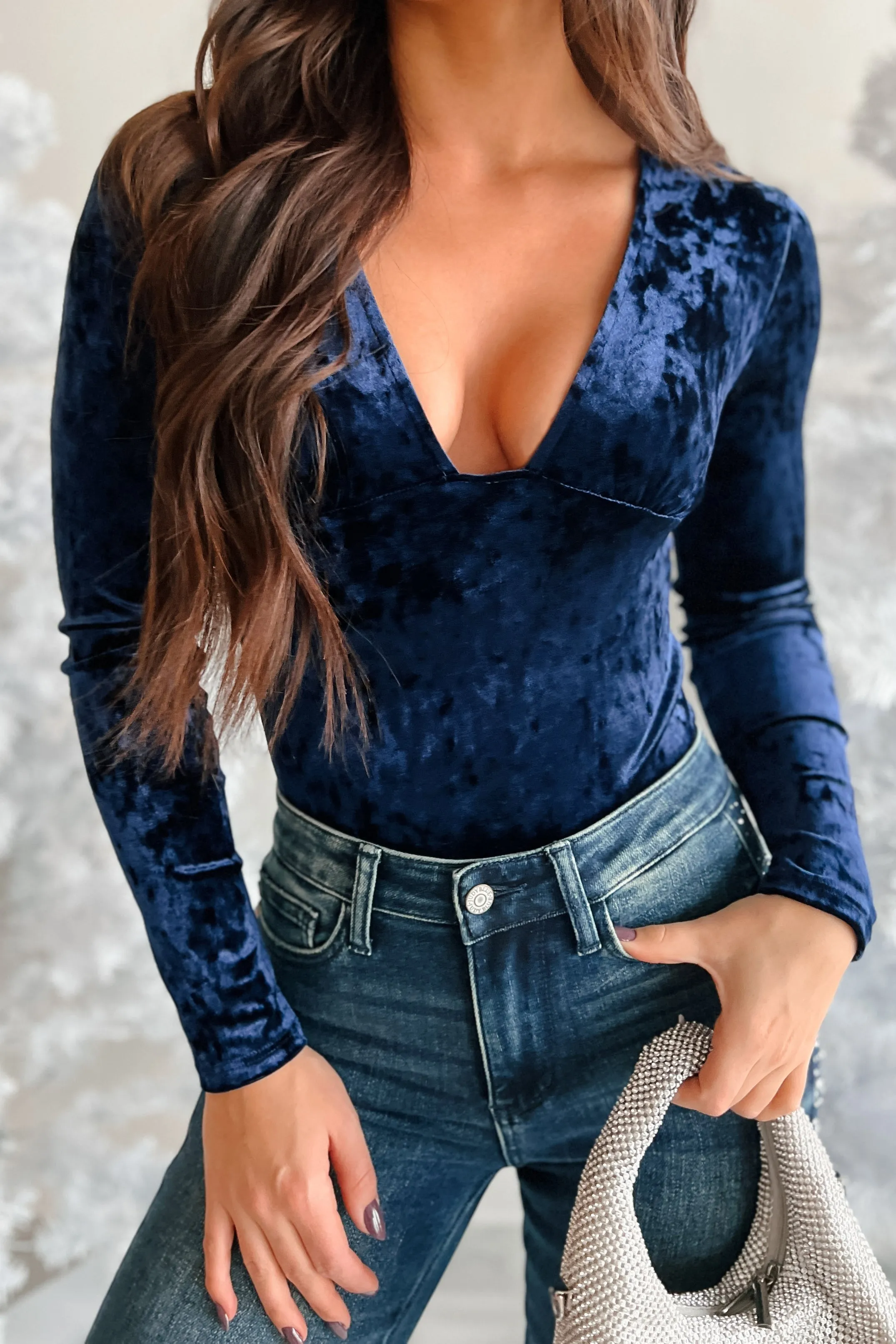 Isabella Crushed Velvet Bodysuit (Blue) Noise Reduced Zipper Breathable Knit Fabric