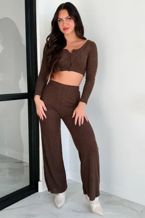 Ive Got My Eye On You Ribbed Long Sleeve Button Down Set (Espresso) MoistureWicking Material