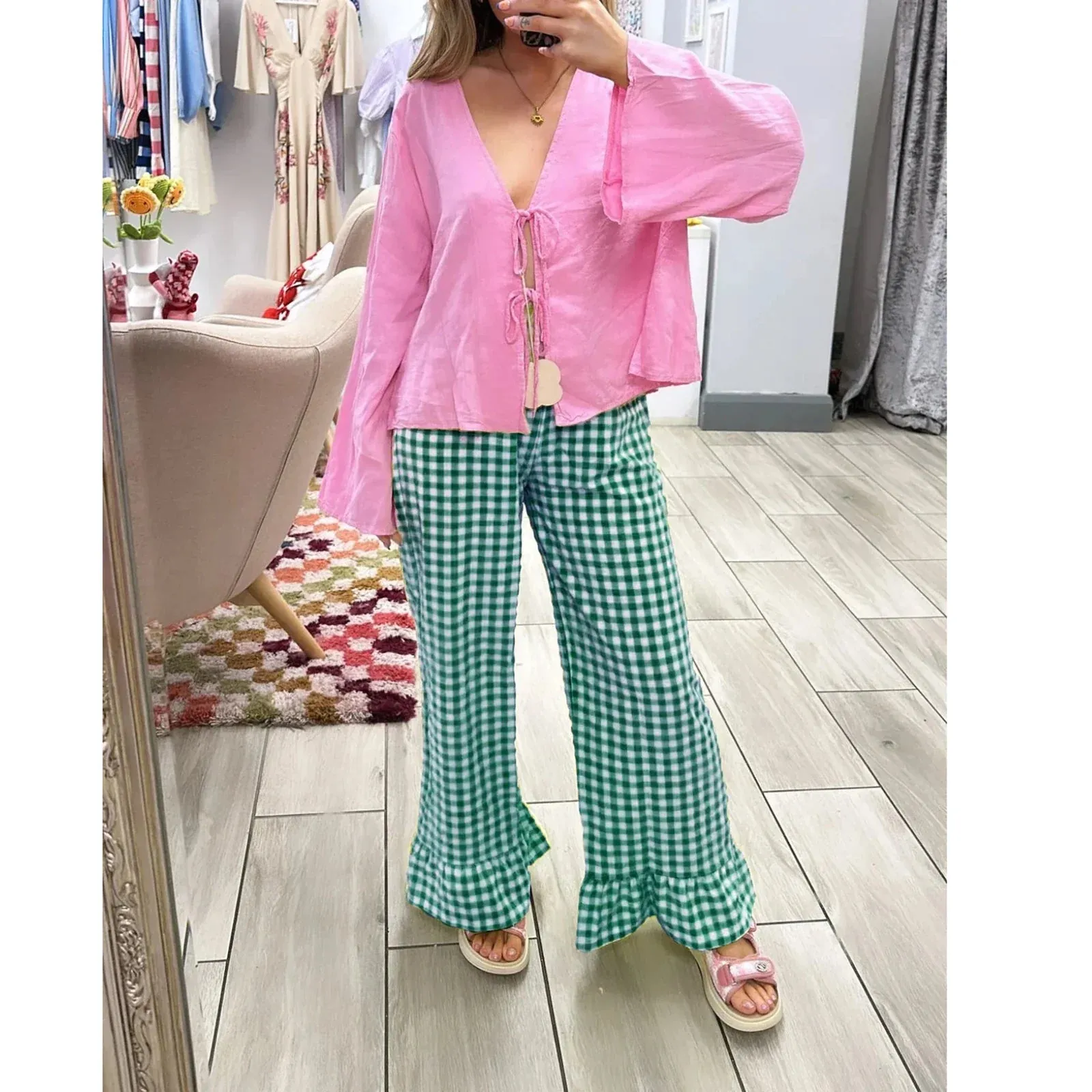 Ivyshape | Checkered Trousers With Ruffles