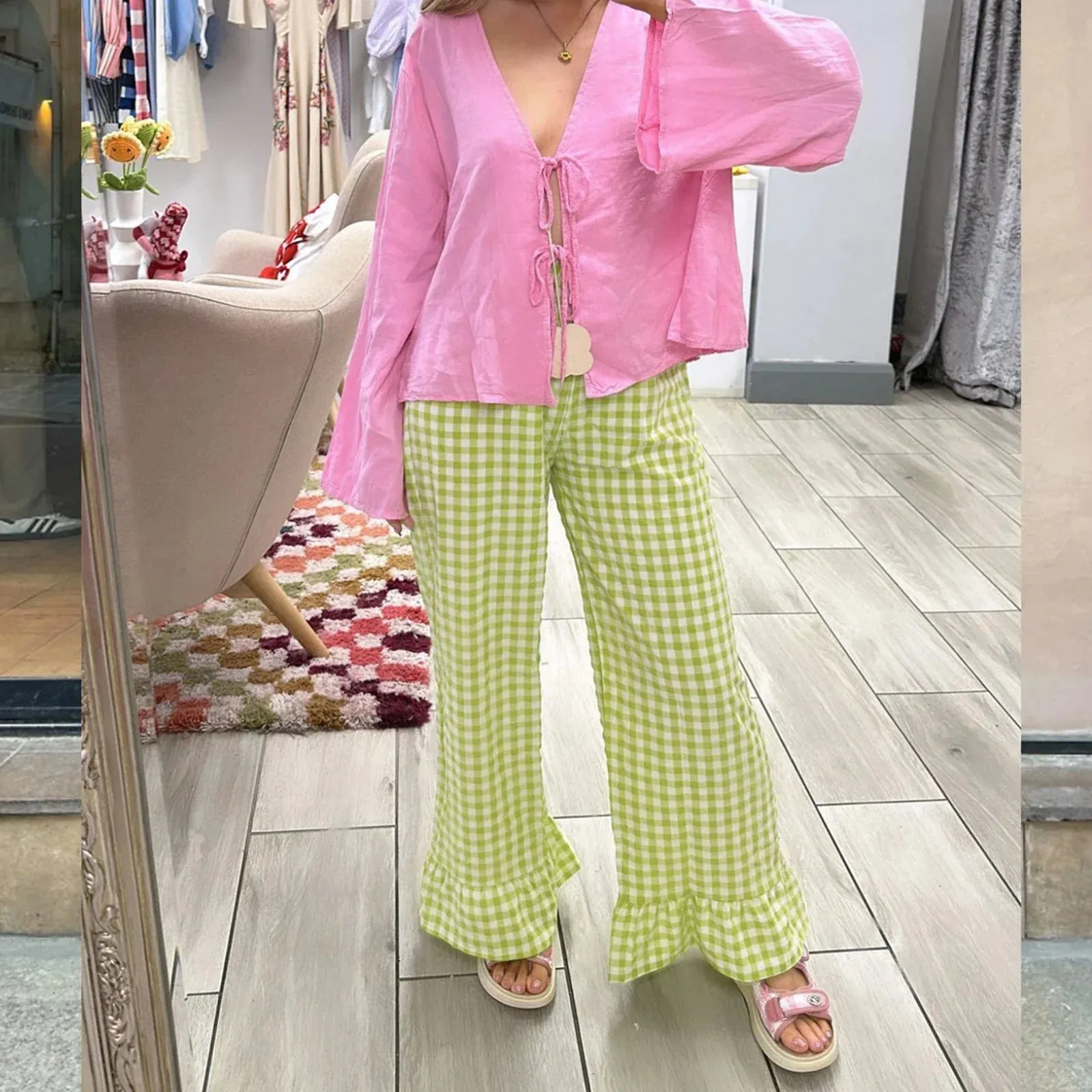 Ivyshape | Checkered Trousers With Ruffles