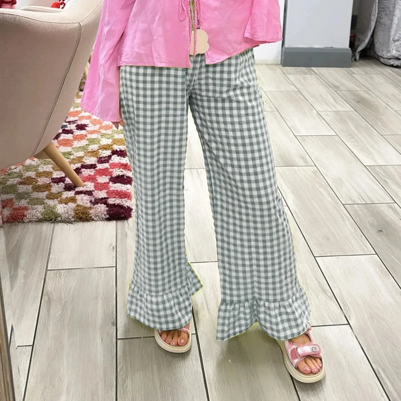 Ivyshape | Checkered Trousers With Ruffles