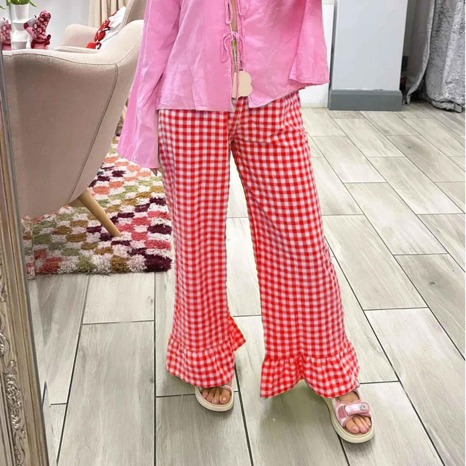 Ivyshape | Checkered Trousers With Ruffles
