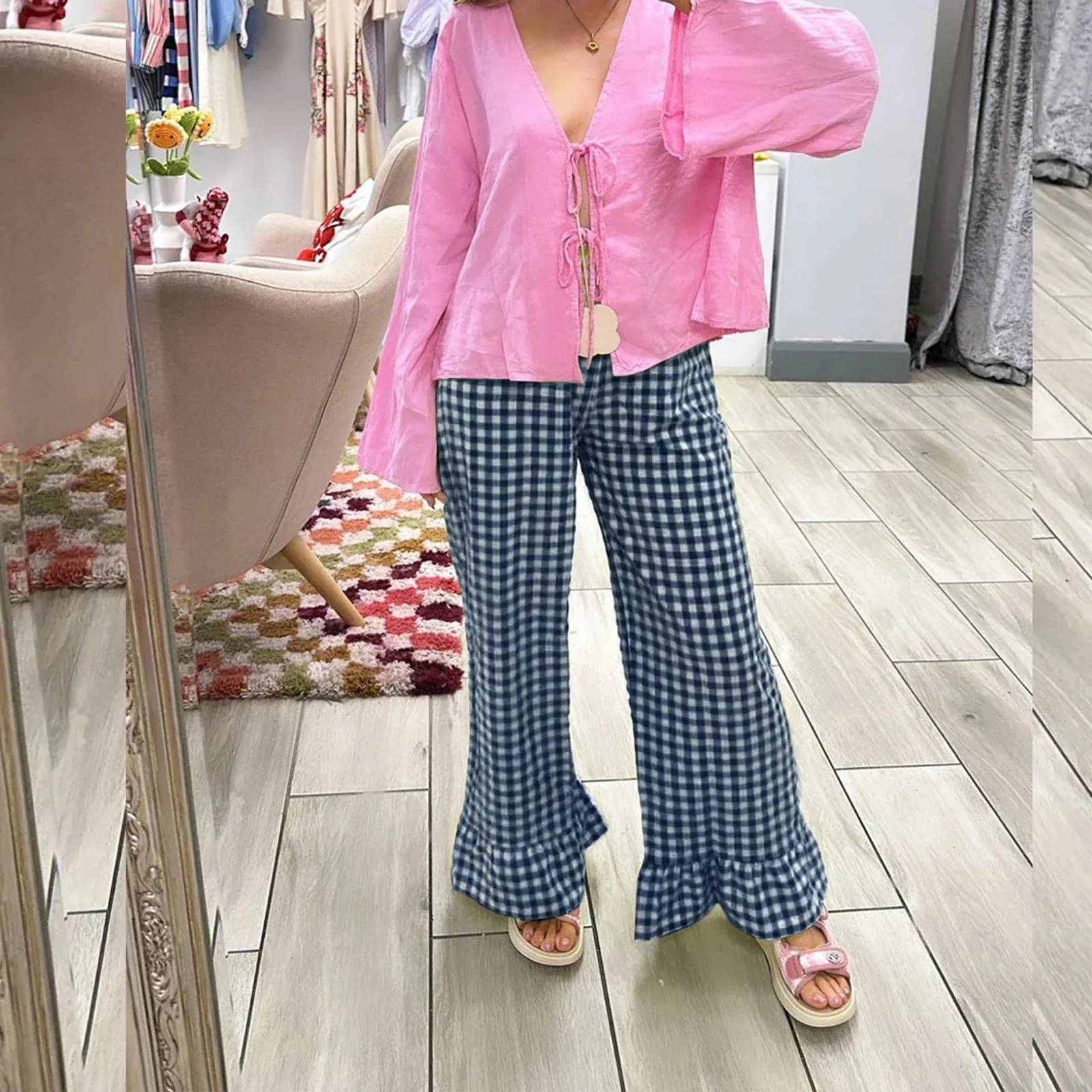 Ivyshape | Checkered Trousers With Ruffles