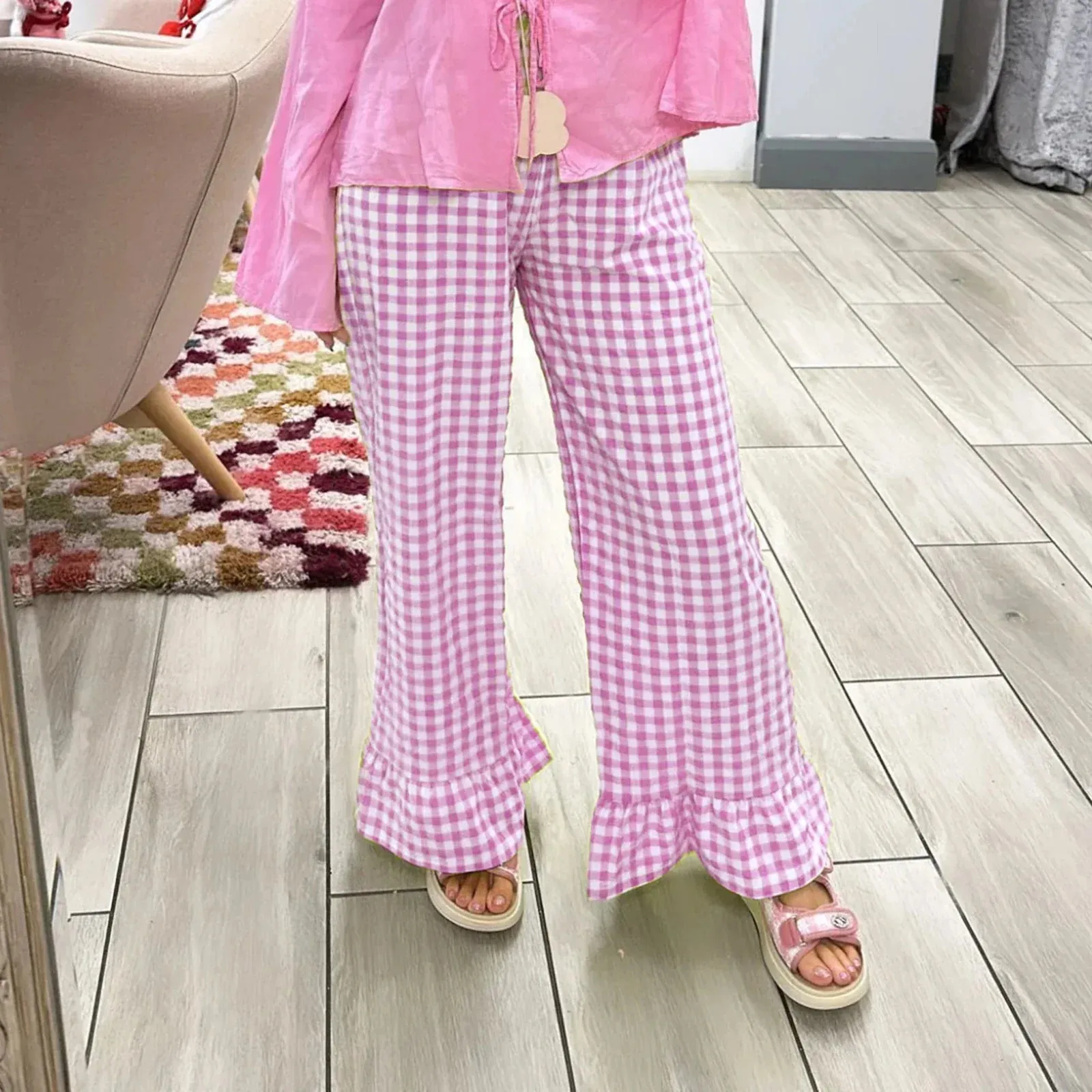 Ivyshape | Checkered Trousers With Ruffles