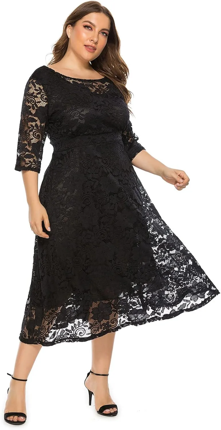 IWEMEK Women Plus Size Floral Lace 3/4 Sleeve Wedding Cocktail Swing Midi Dress with Pockets Casual Evening Party Prom Dress