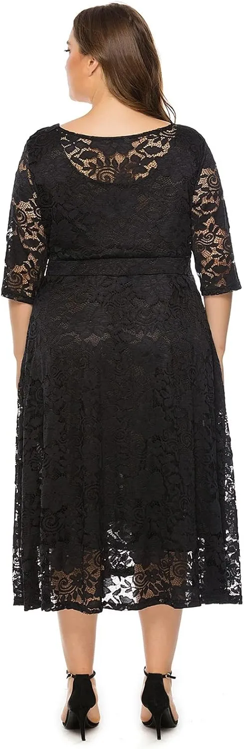 IWEMEK Women Plus Size Floral Lace 3/4 Sleeve Wedding Cocktail Swing Midi Dress with Pockets Casual Evening Party Prom Dress