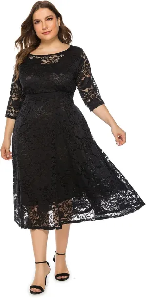 IWEMEK Women Plus Size Floral Lace 3/4 Sleeve Wedding Cocktail Swing Midi Dress with Pockets Casual Evening Party Prom Dress