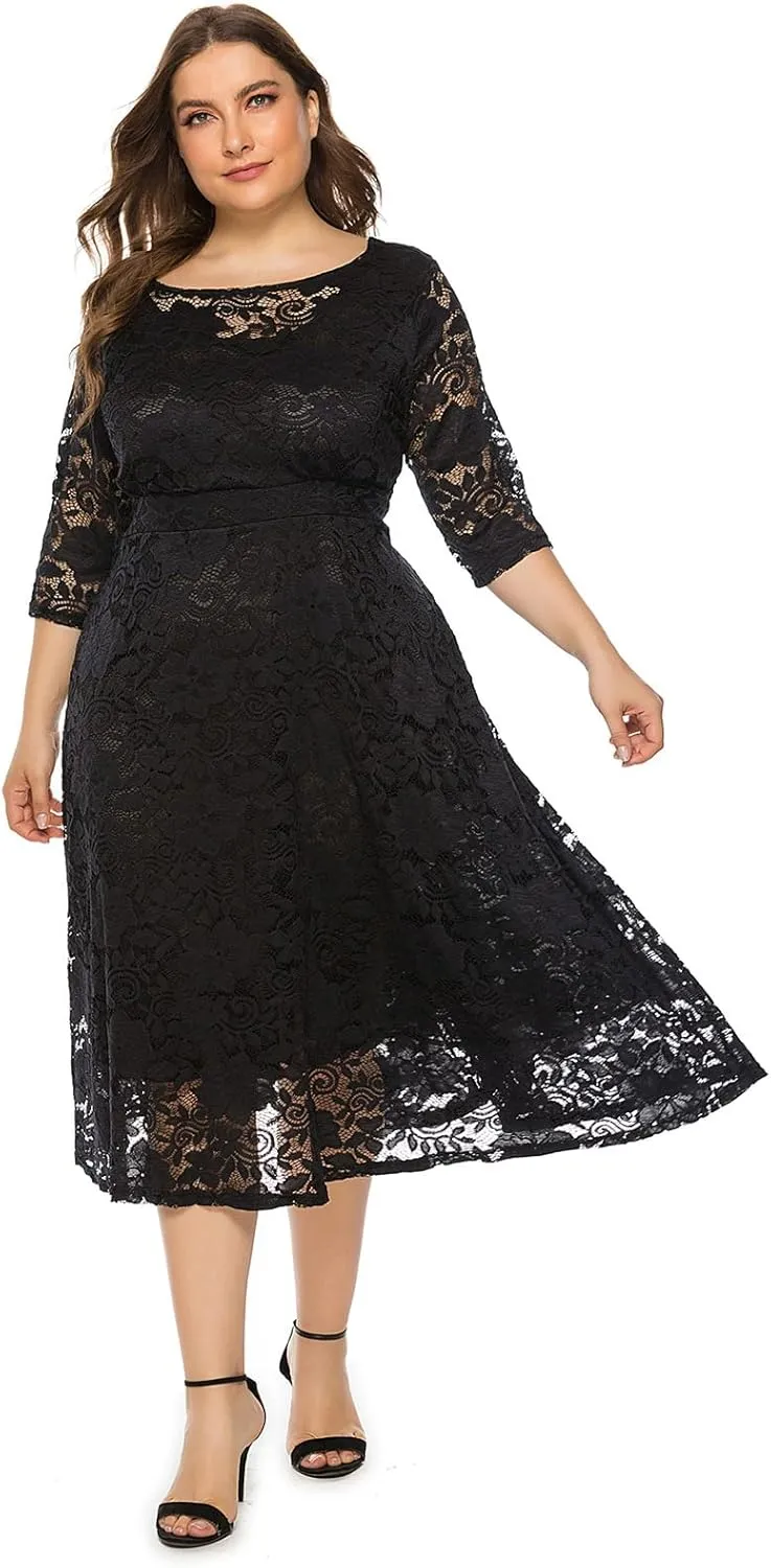 IWEMEK Women Plus Size Floral Lace 3/4 Sleeve Wedding Cocktail Swing Midi Dress with Pockets Casual Evening Party Prom Dress