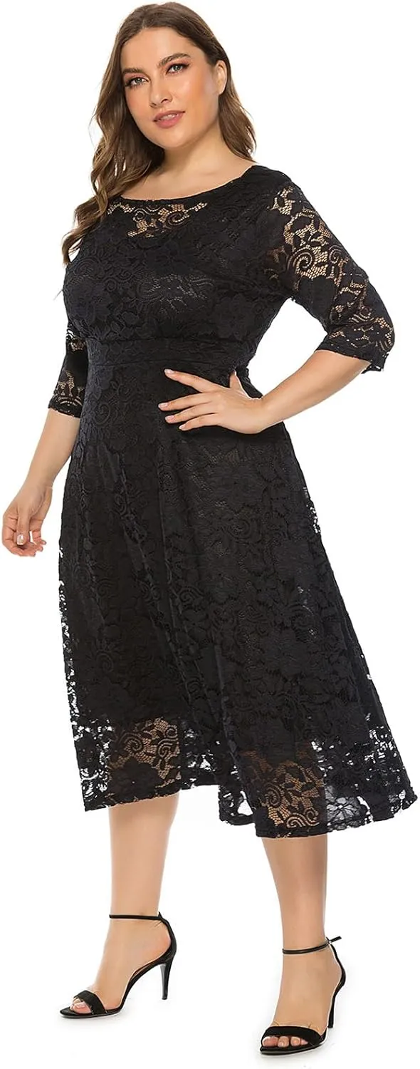 IWEMEK Women Plus Size Floral Lace 3/4 Sleeve Wedding Cocktail Swing Midi Dress with Pockets Casual Evening Party Prom Dress