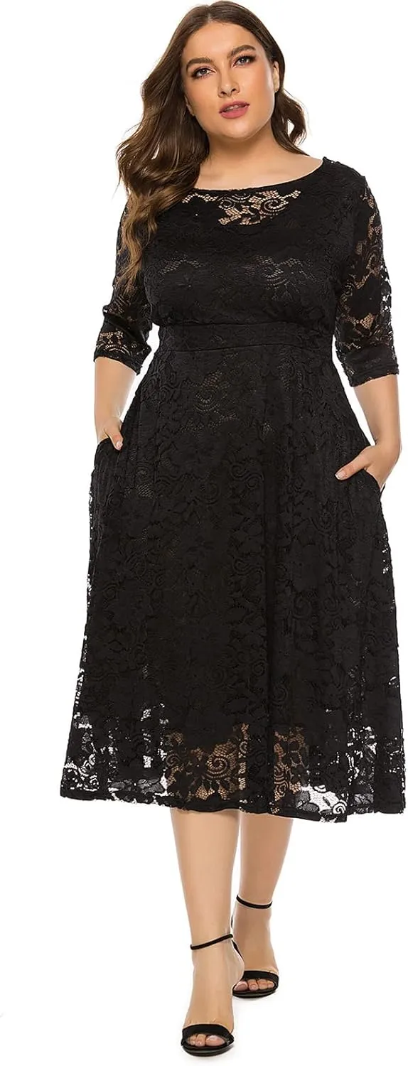 IWEMEK Women Plus Size Floral Lace 3/4 Sleeve Wedding Cocktail Swing Midi Dress with Pockets Casual Evening Party Prom Dress