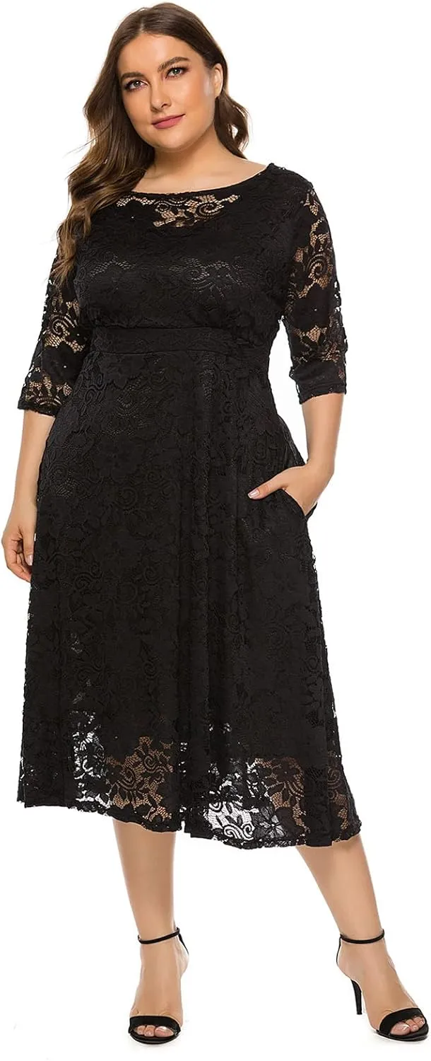 IWEMEK Women Plus Size Floral Lace 3/4 Sleeve Wedding Cocktail Swing Midi Dress with Pockets Casual Evening Party Prom Dress