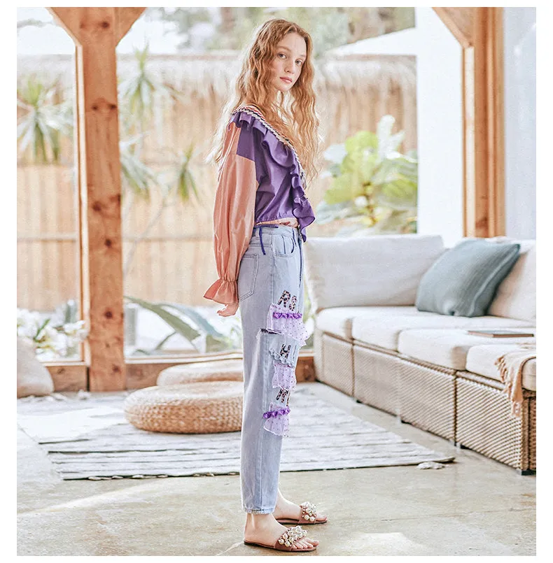 JAM PRINCESS STRAIGHT LEG JEANS WITH LACE AND LETTERS PATCH