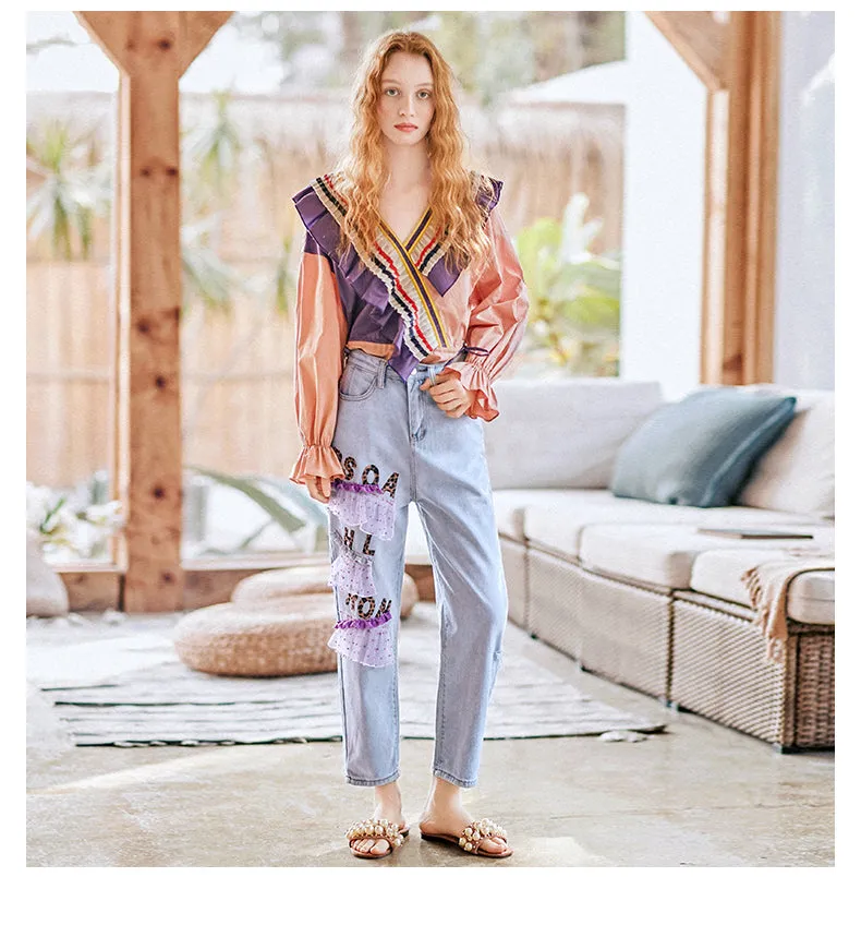 JAM PRINCESS STRAIGHT LEG JEANS WITH LACE AND LETTERS PATCH