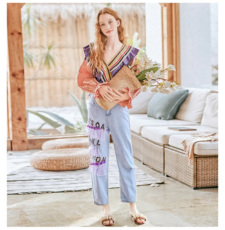 JAM PRINCESS STRAIGHT LEG JEANS WITH LACE AND LETTERS PATCH