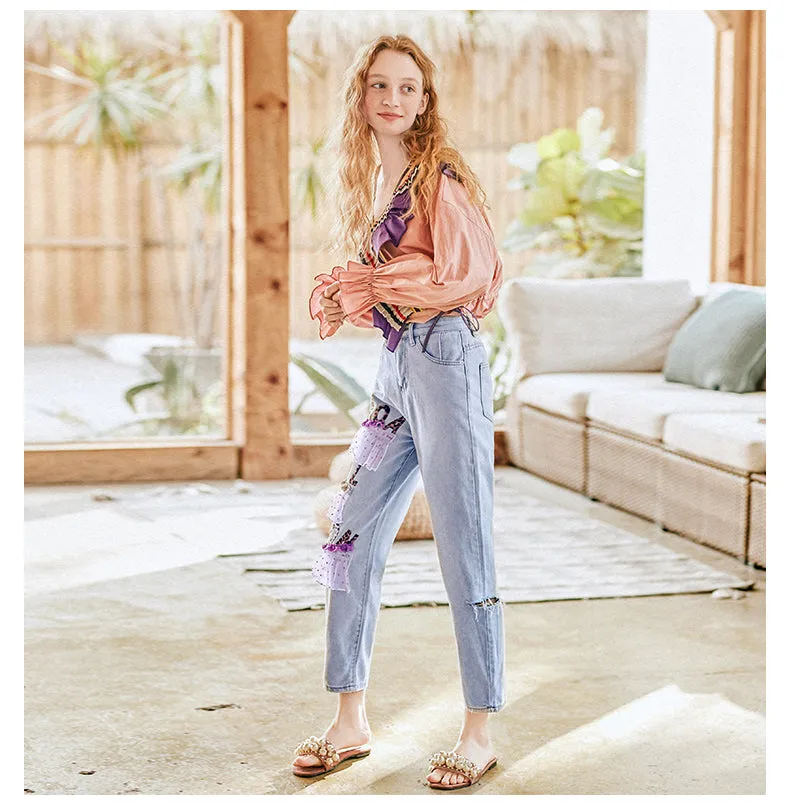 JAM PRINCESS STRAIGHT LEG JEANS WITH LACE AND LETTERS PATCH