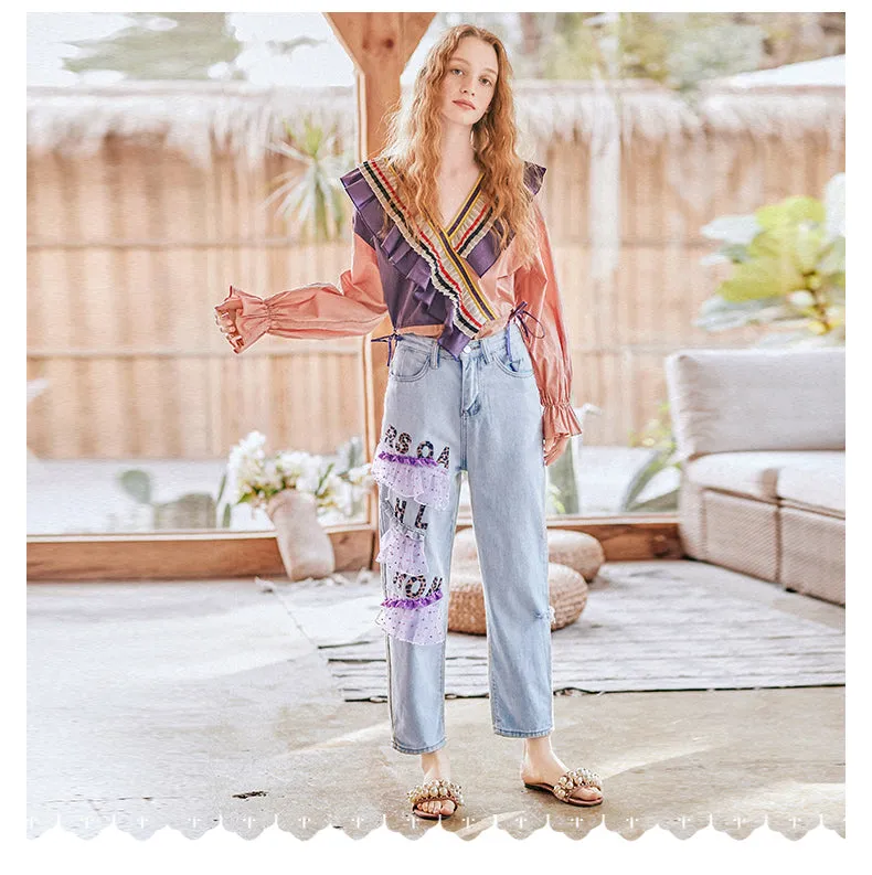 JAM PRINCESS STRAIGHT LEG JEANS WITH LACE AND LETTERS PATCH