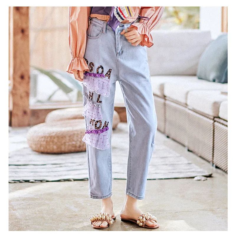 JAM PRINCESS STRAIGHT LEG JEANS WITH LACE AND LETTERS PATCH