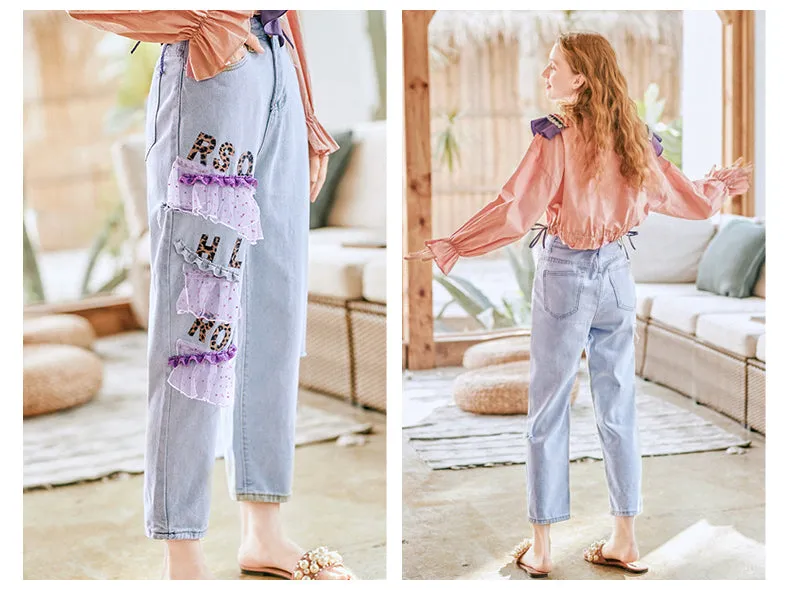 JAM PRINCESS STRAIGHT LEG JEANS WITH LACE AND LETTERS PATCH