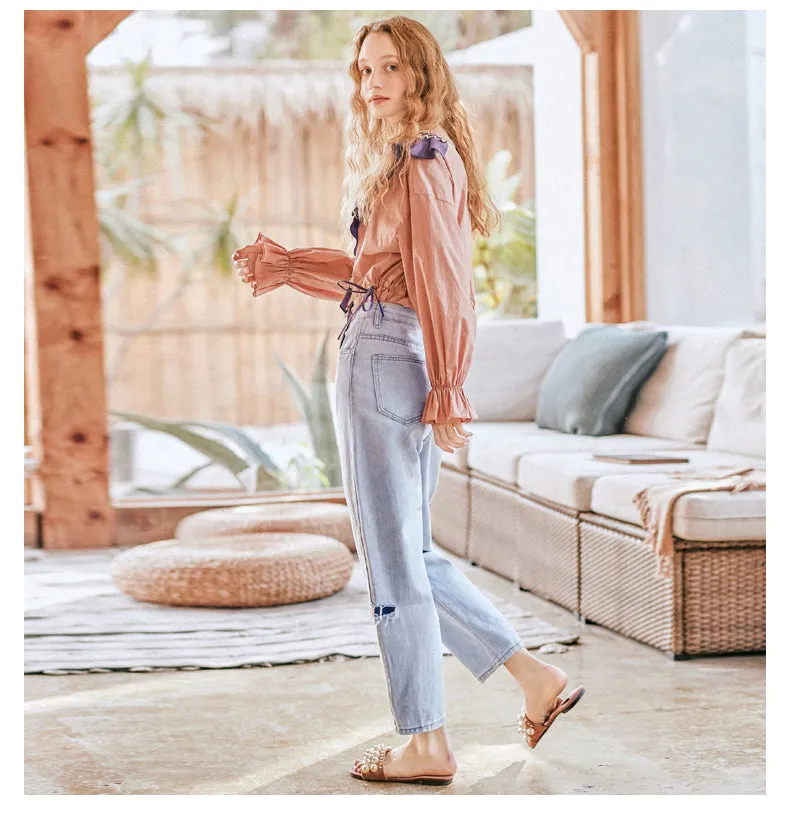 JAM PRINCESS STRAIGHT LEG JEANS WITH LACE AND LETTERS PATCH