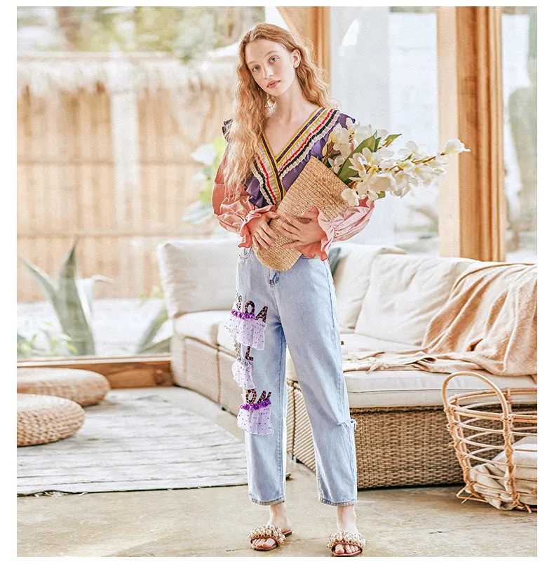 JAM PRINCESS STRAIGHT LEG JEANS WITH LACE AND LETTERS PATCH
